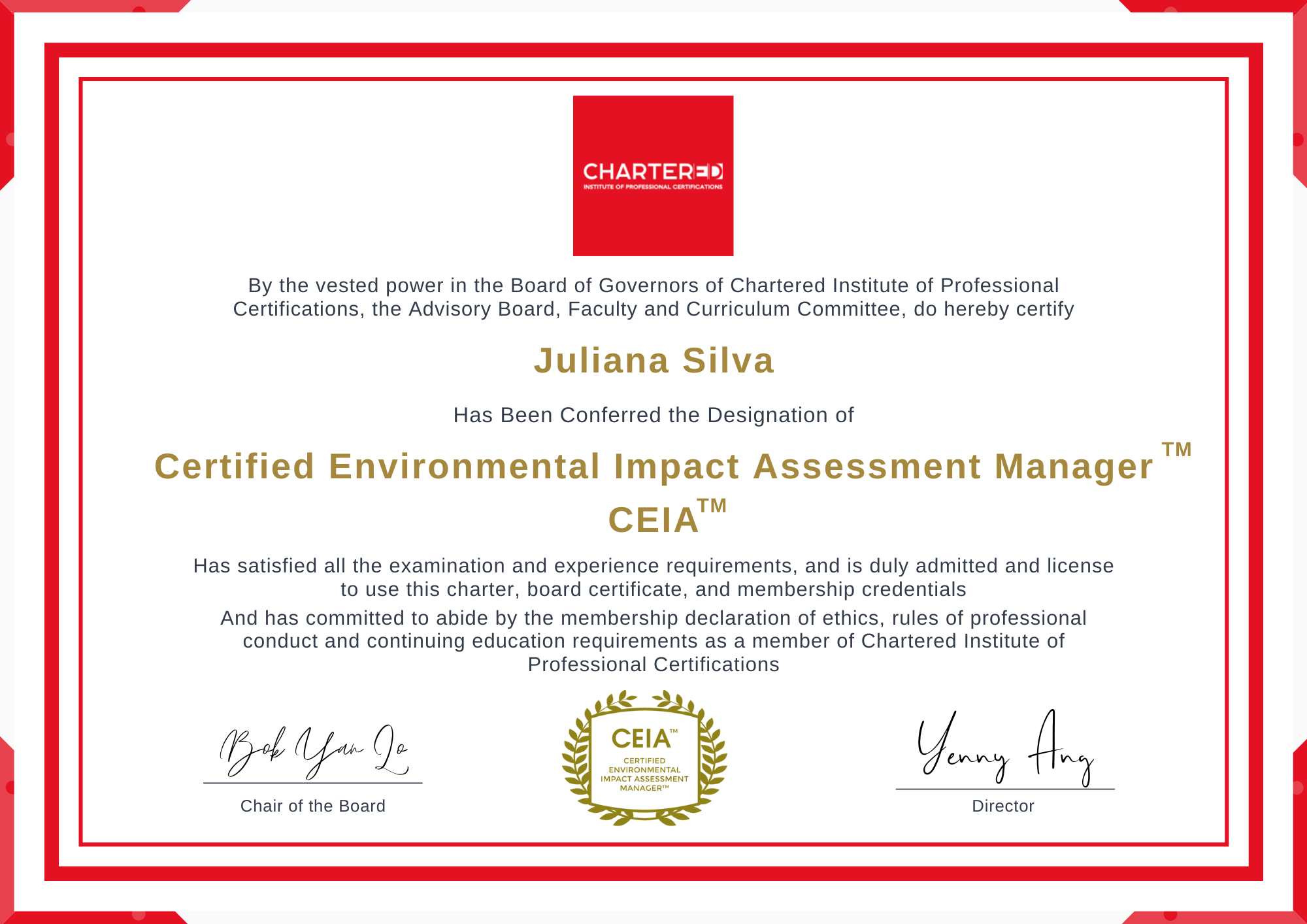 Certified Environmental Impact Assessment Manager (CEIA™) Chartered
